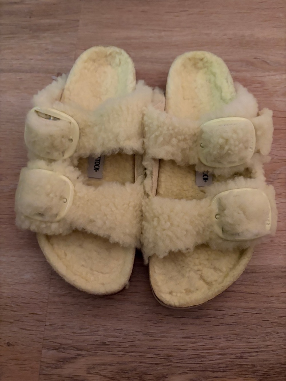 Birkenstock Fuzzy Shearling Two- Strap Slide Sandals in Light Yellow